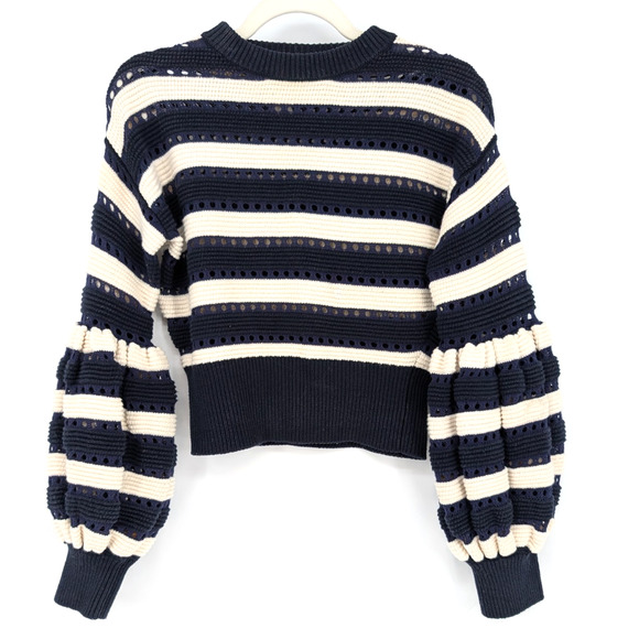 Self-Portrait Striped Balloon Sleeve Cropped Sweater Navy White Small Prep Twee - Picture 5 of 15